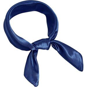 Women Navy Blue Chiffon Square Ribbon Neck Scarf Satin Handkerchief Halloween